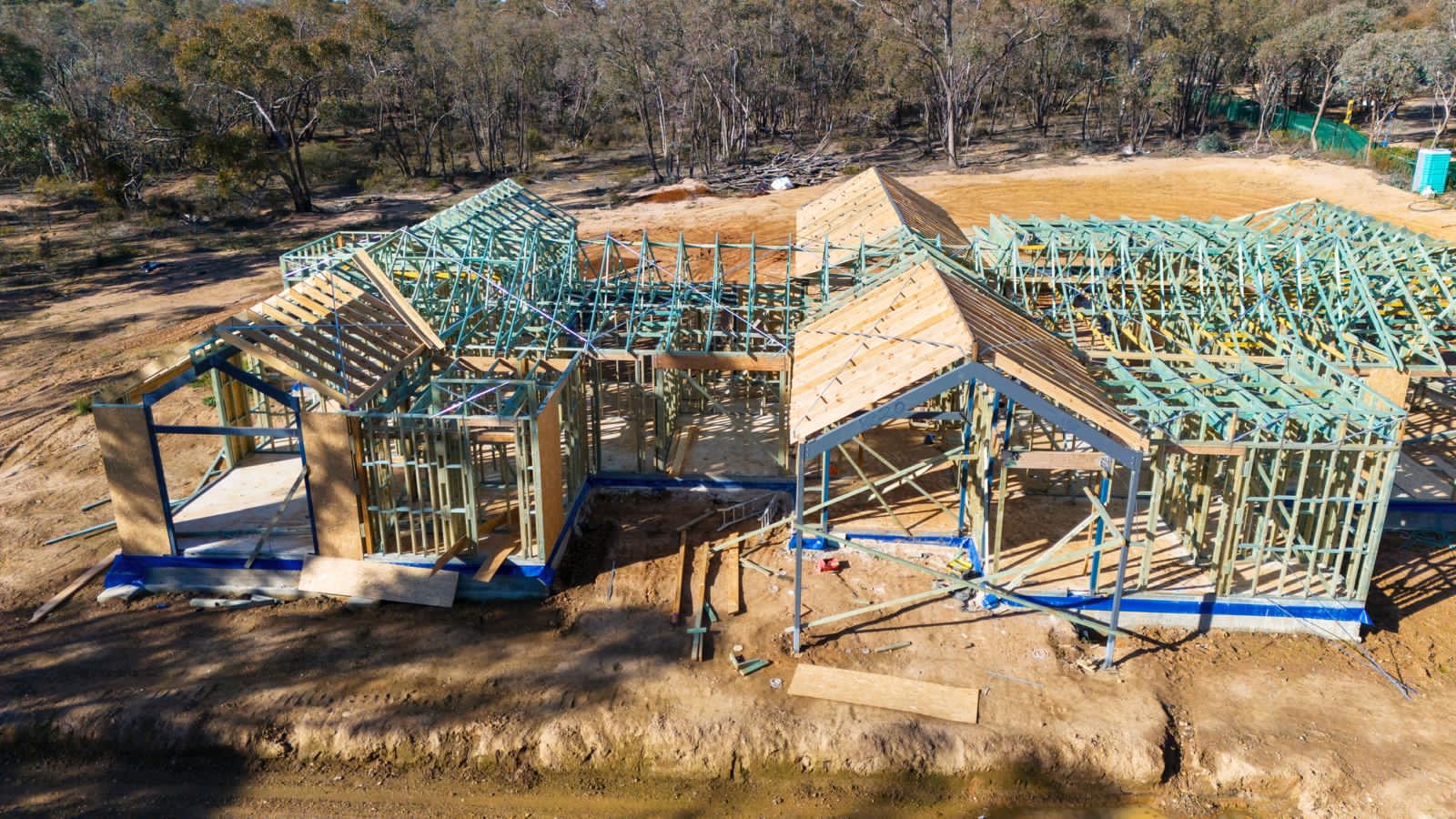 Large timber framing project viewed from above